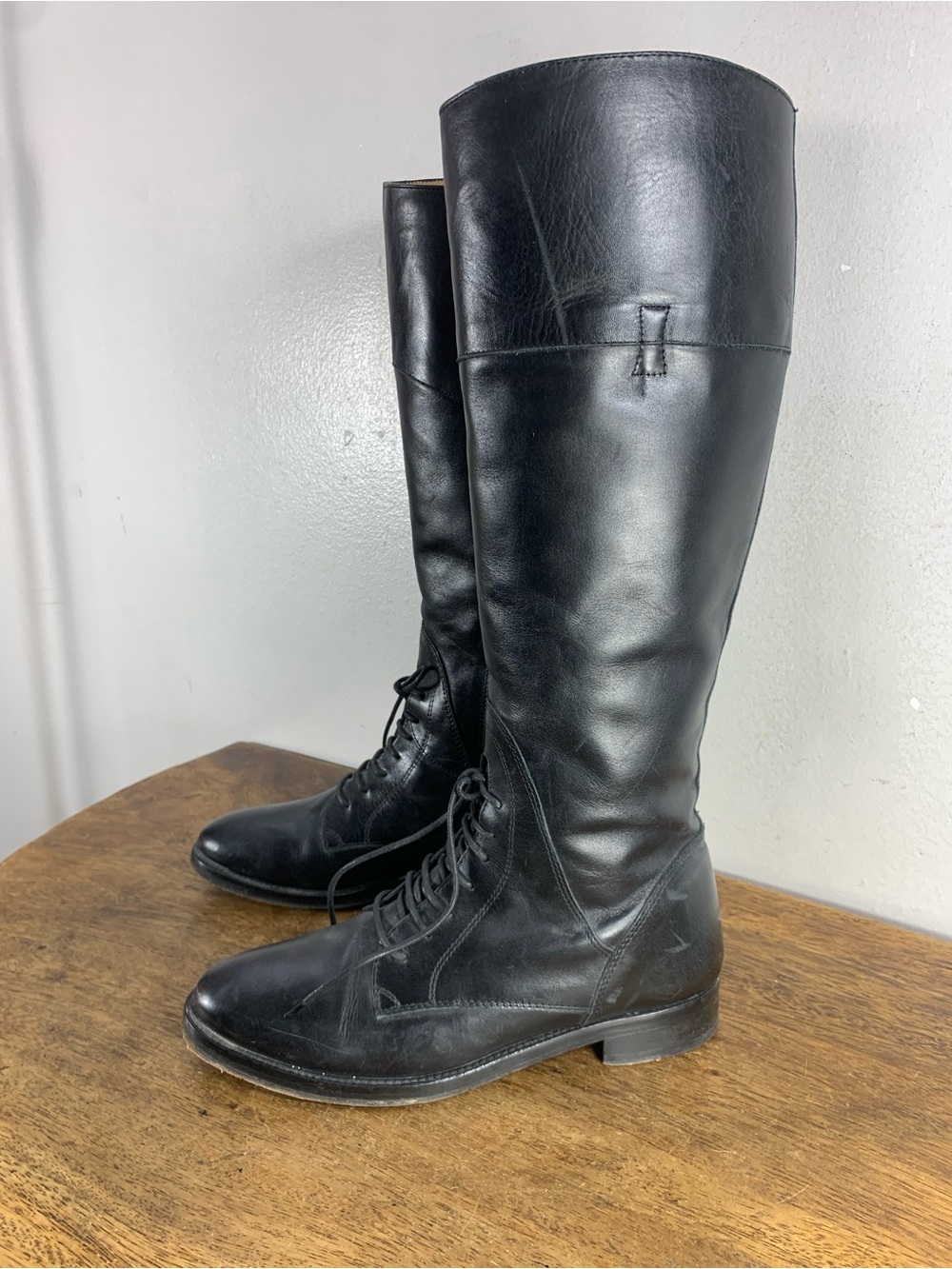 Vintage Italian Black Leather Tall Boots Lace-Up & Side Zip – EU 38